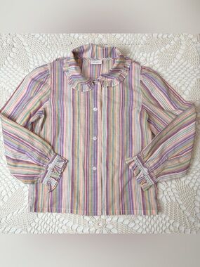 Vintage 1980s Happy Kids Girls 6x/7 Jewel Tone Striped Dainty Blouse